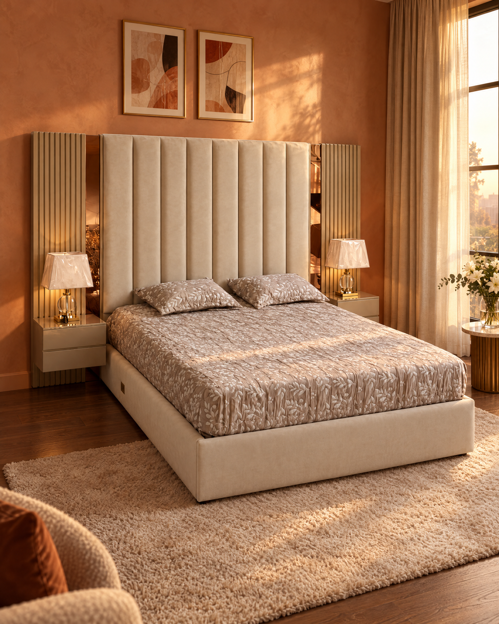 Cama Bercha en dormitorio cálido, vista en ángulo