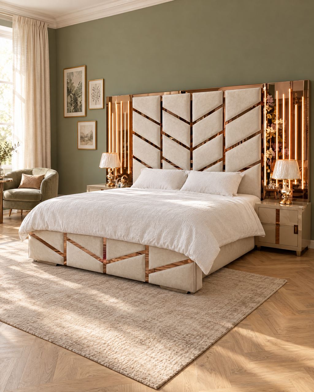 Cama Imperio en dormitorio verde salvia, vista en ángulo