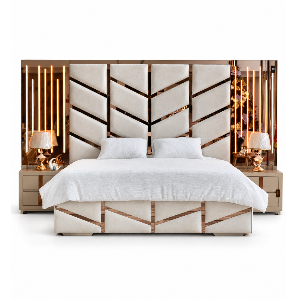 Cama Imperio con cabecero de zigzag y espejos