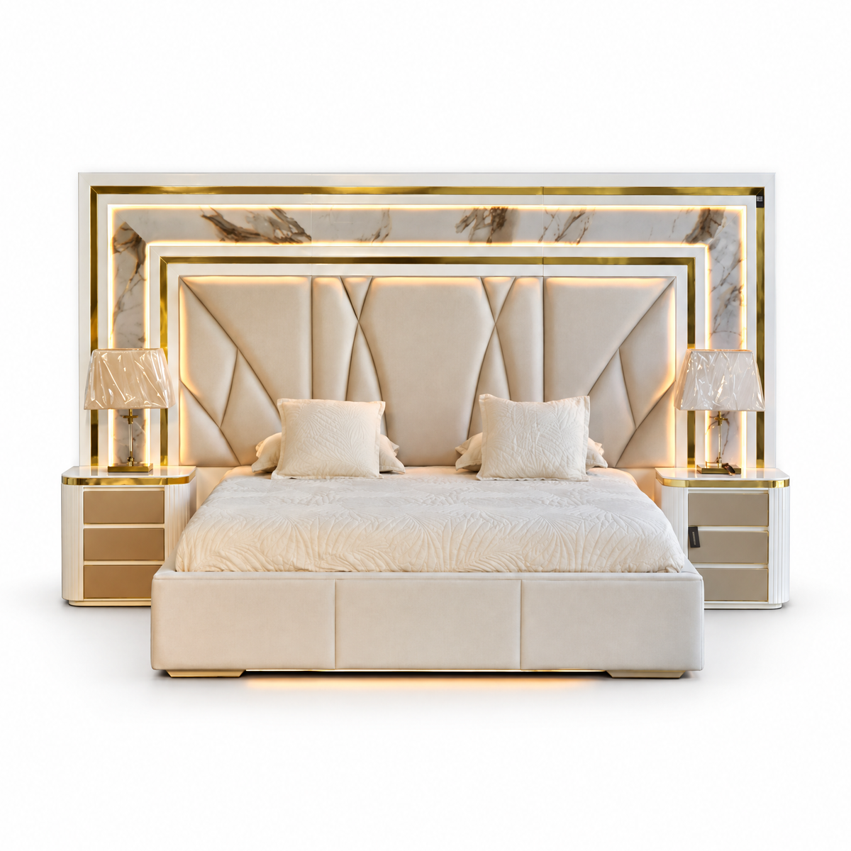Cama Venus con cabecero iluminado y mesas de noche