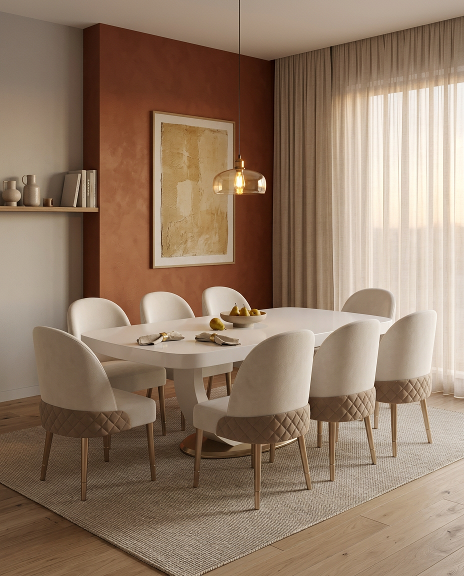 Comedor Galex en ambiente con pared terracota